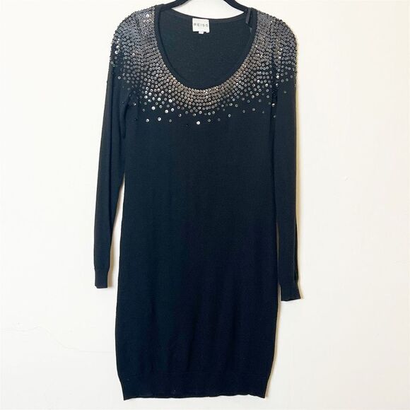 Reiss Sequin Wool Blend Mini Sweater Dress, Black Size Small - Picture 1 of 11